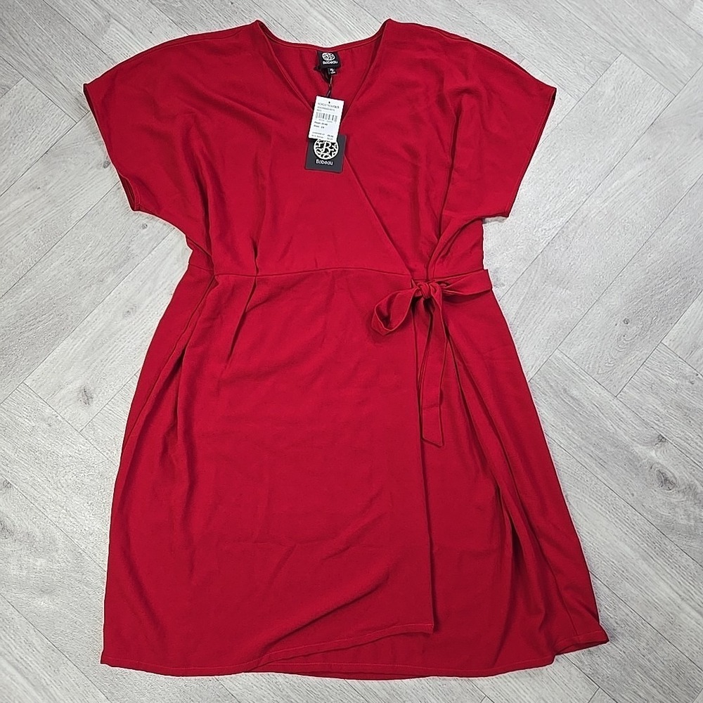 Bobeau Women's 2X Bright Red Short Sleeve Wrap Tie Front Midi Dress V Neck